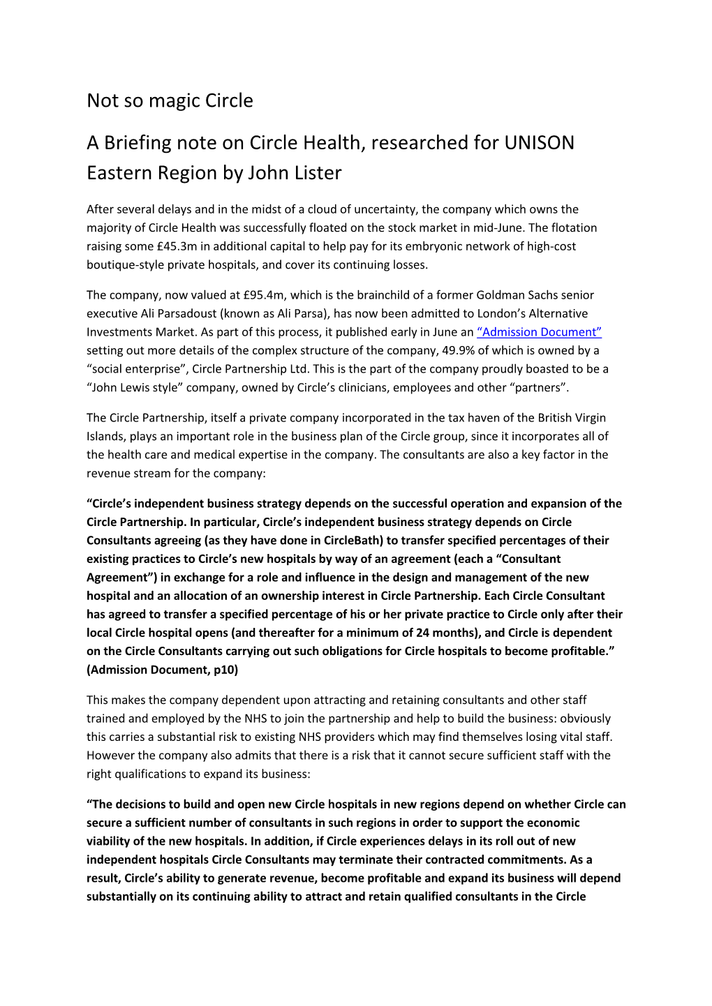 Circle a Briefing Note on Circle Health, Researched for UNISON Eastern Region by John Lister