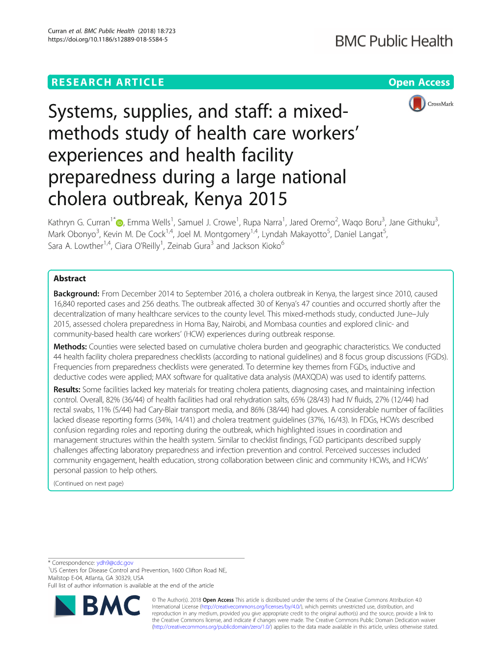 Methods Study of Health Care Workers' Experiences and Health Facility Preparedness During a Large National Cholera Outbreak, Kenya 2015