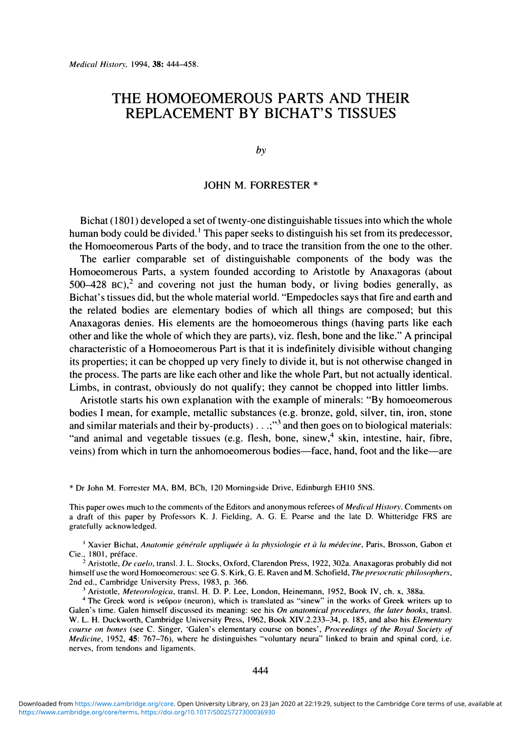 The Homoeomerous Parts and Their Replacement by Bichat's Tissues