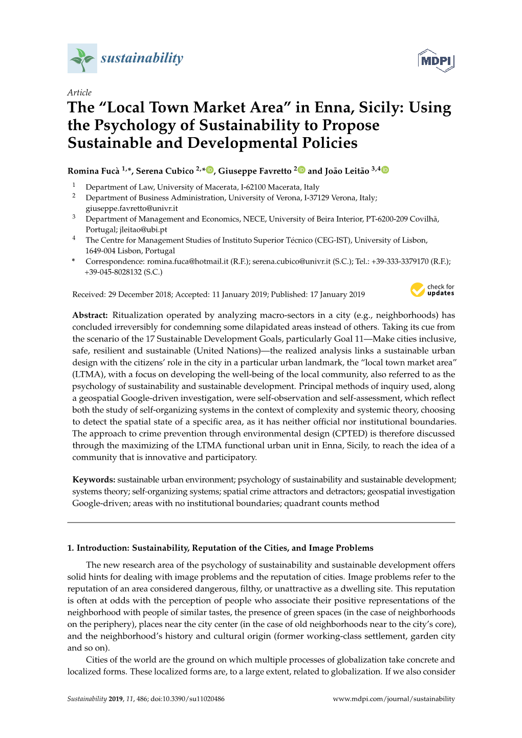 The “Local Town Market Area” in Enna, Sicily: Using the Psychology of Sustainability to Propose Sustainable and Developmental Policies