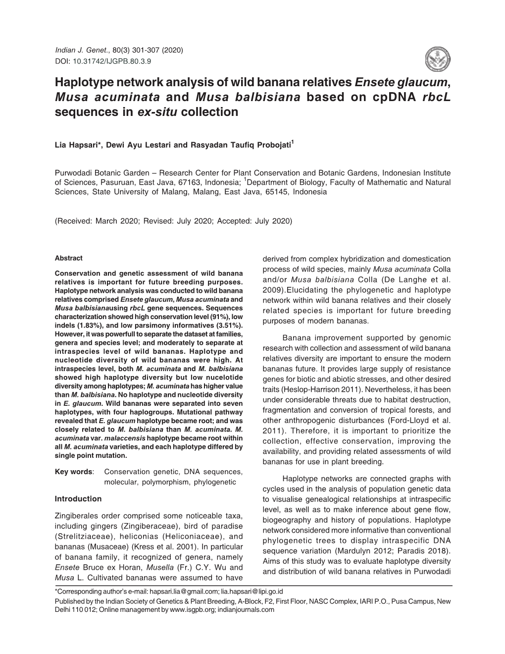 Haplotype Network Analysis of Wild Banana Relatives Ensete Glaucum, Musa Acuminata and Musa Balbisiana Based on Cpdna Rbcl Sequences in Ex-Situ Collection