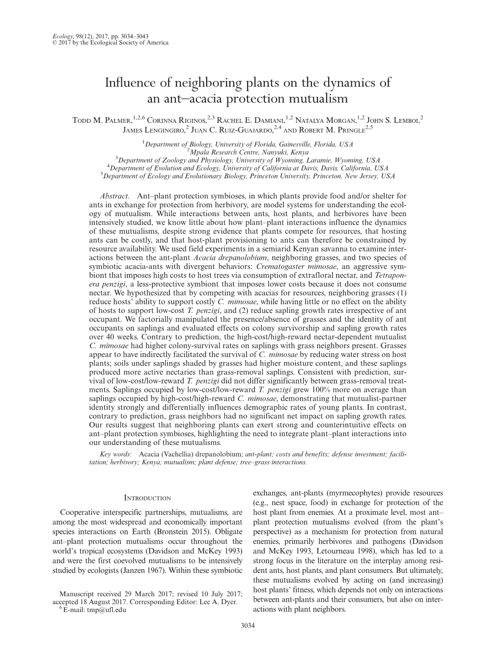 Influence of Neighboring Plants on the Dynamics of an Ant–Acacia Protection Mutualism