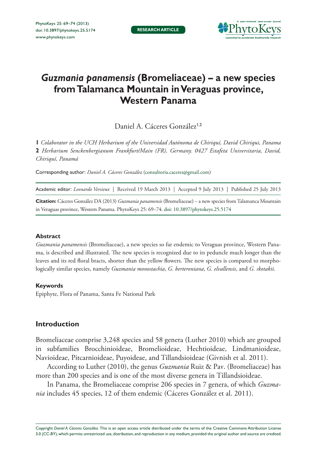 Guzmania Panamensis (Bromeliaceae) – a New Species from Talamanca Mountain in Veraguas Province, Western Panama