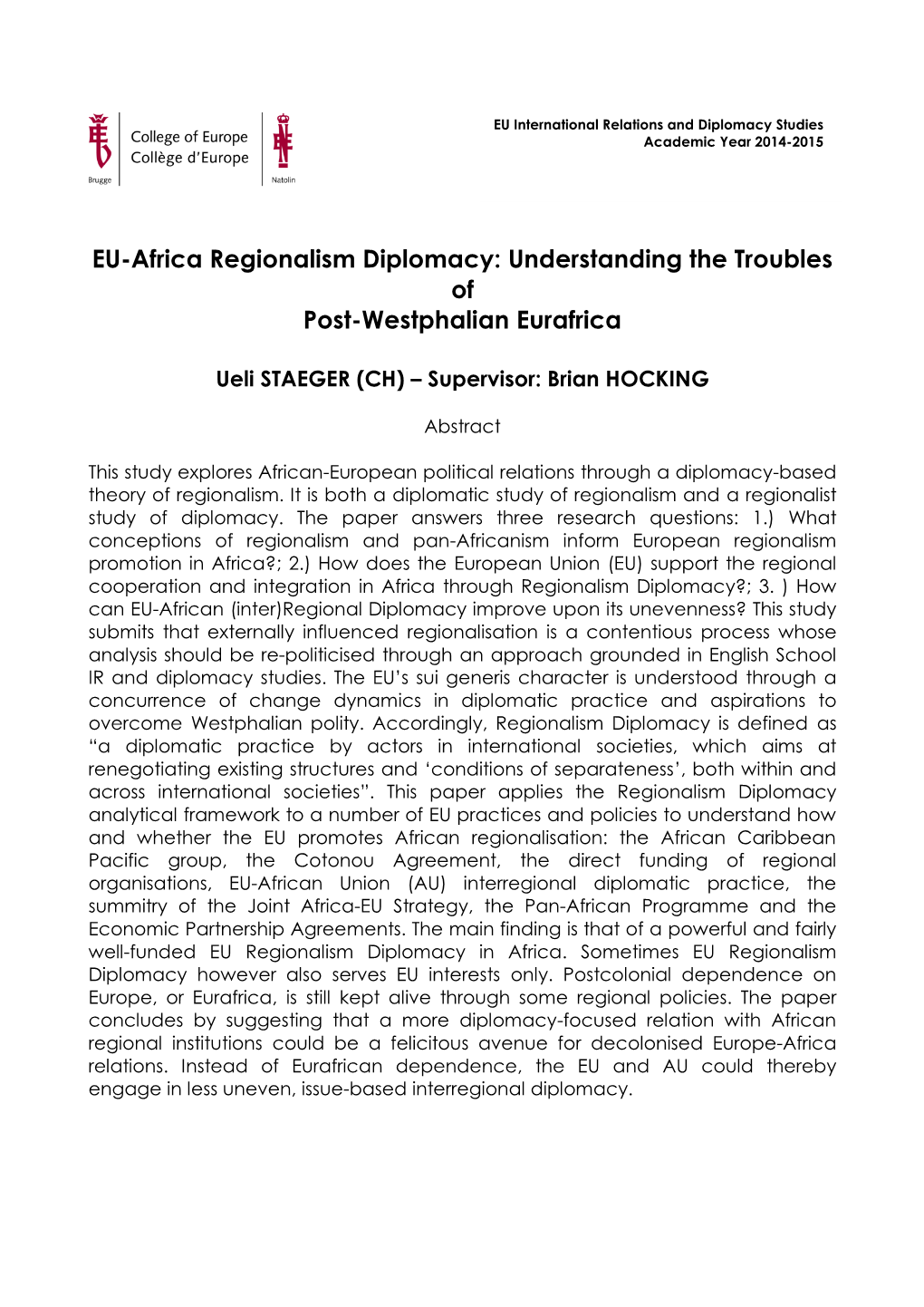 EU-Africa Regionalism Diplomacy: Understanding the Troubles of Post-Westphalian Eurafrica