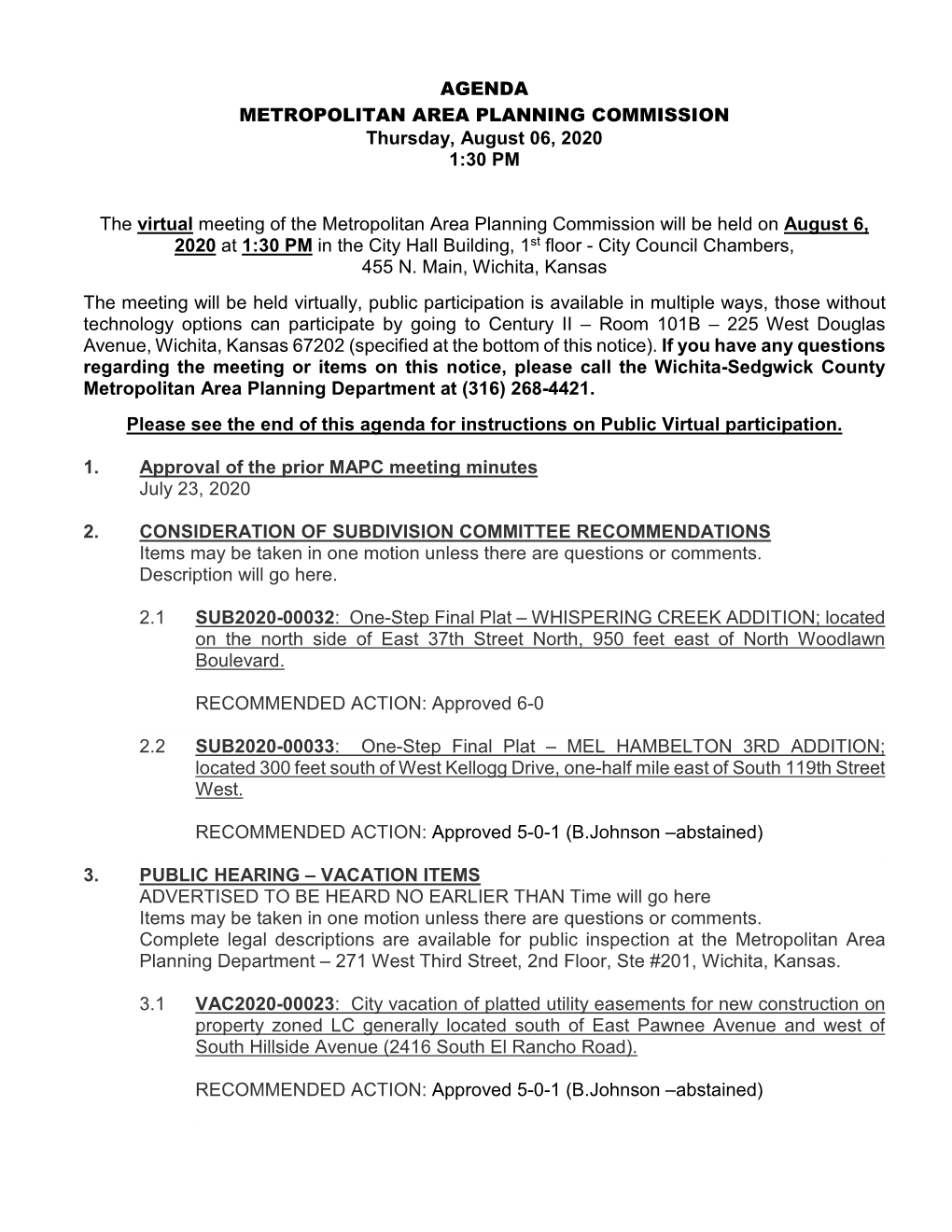 Metropolitan Area Planning Commission Agenda