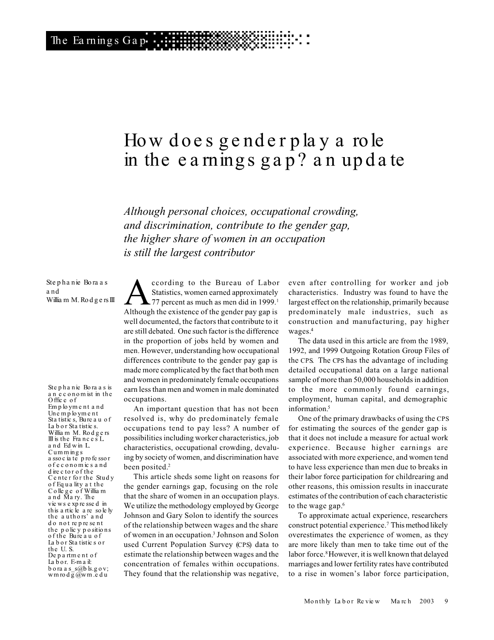 How Does Gender Play a Role in the Earnings Gap? an Update