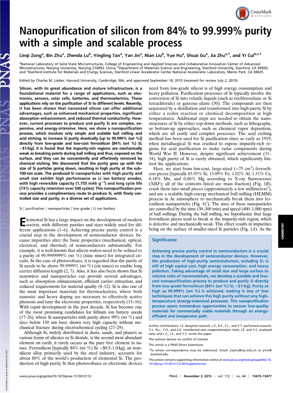 Nanopurification of Silicon from 84% to 99.999% Purity with a Simple and Scalable Process