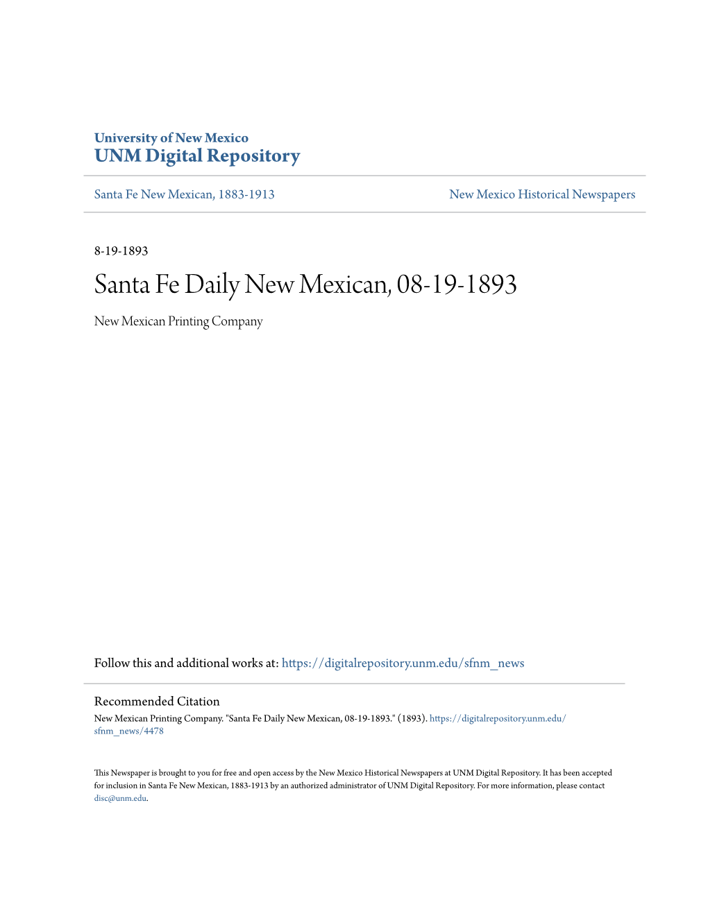 Santa Fe Daily New Mexican, 08-19-1893 New Mexican Printing Company