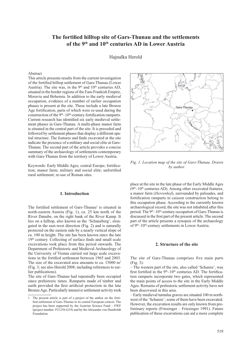 The Fortified Hilltop Site of Gars-Thunau and the Settlements of the 9Th and 10Th Centuries AD in Lower Austria