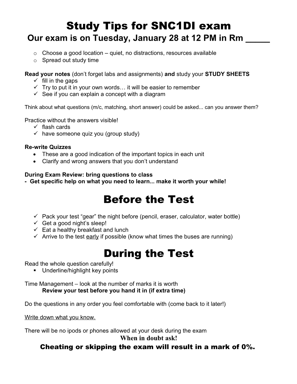 Study Tips for SNC1DI Exam