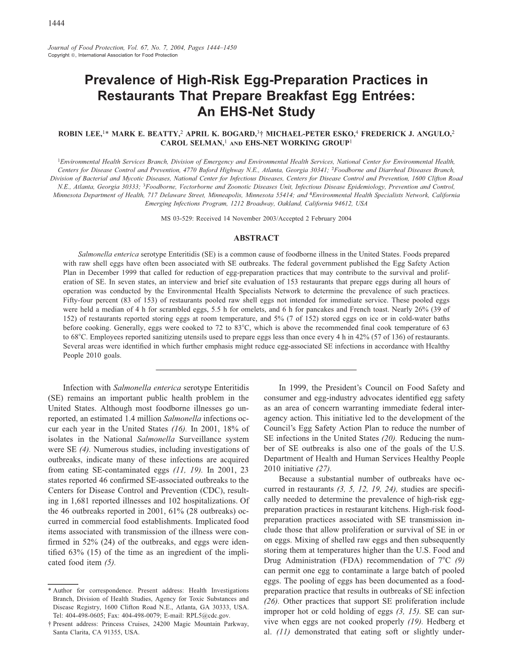 Prevalence of High-Risk Egg-Preparation Practices in Restaurants That Prepare Breakfast Egg Entre´Es: an EHS-Net Study