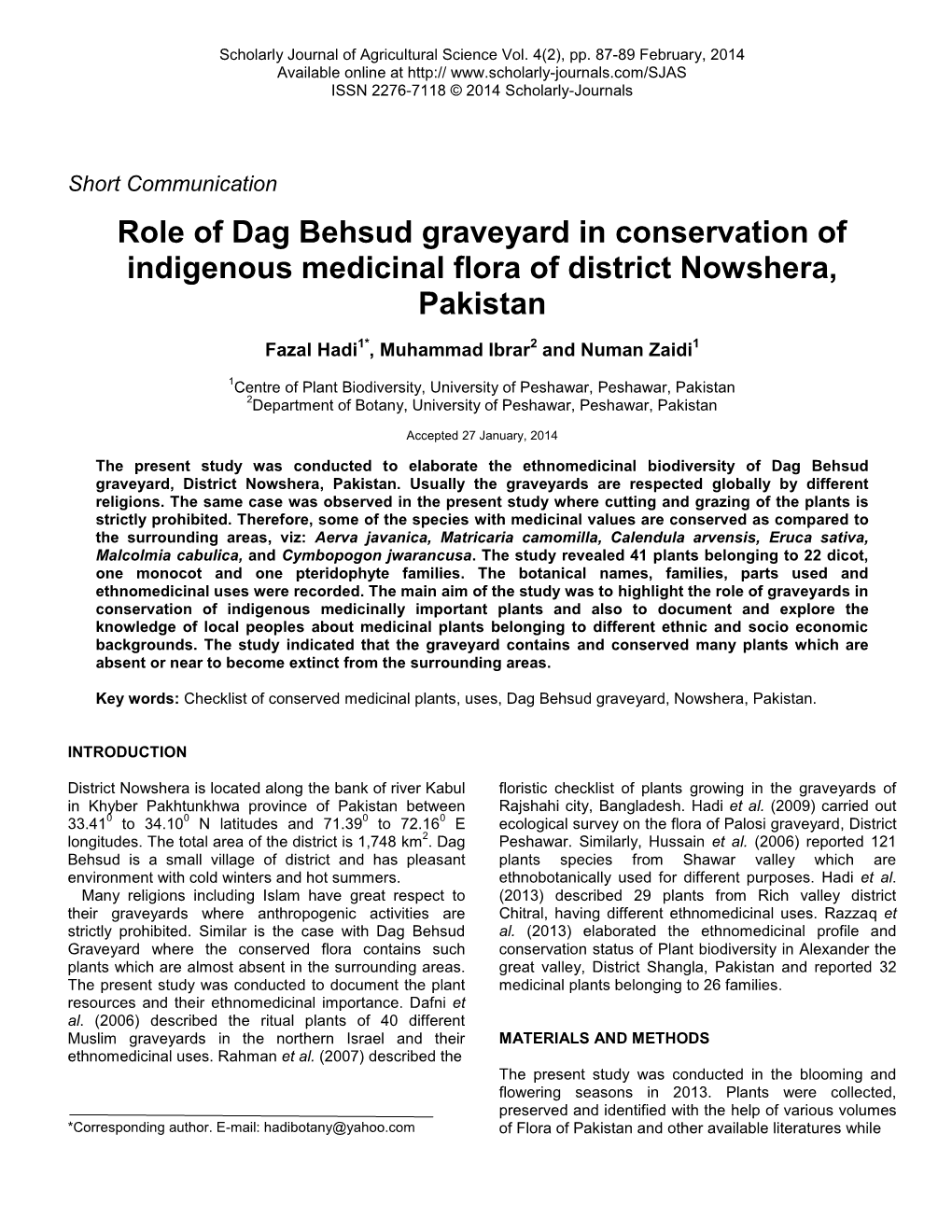 Role of Dag Behsud Graveyard in Conservation of Indigenous Medicinal Flora of District Nowshera, Pakistan