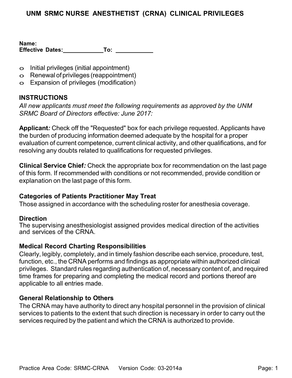 Unm Srmc Nurse Anesthetist (Crna) Clinical Privileges