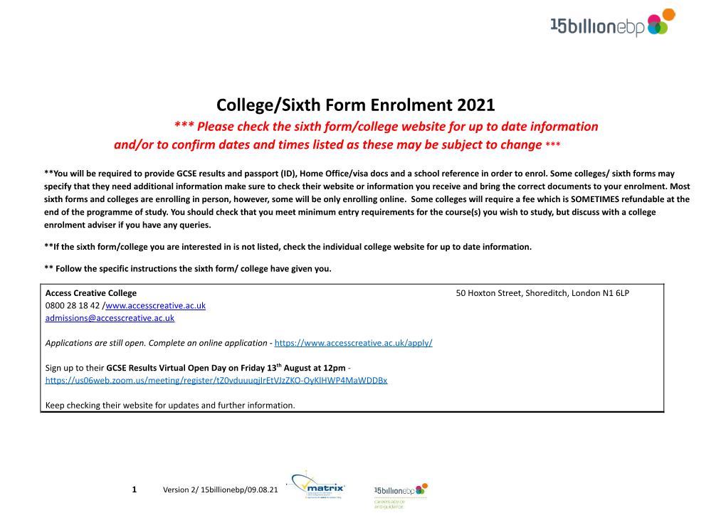 College/Sixth Form Enrolment 2021