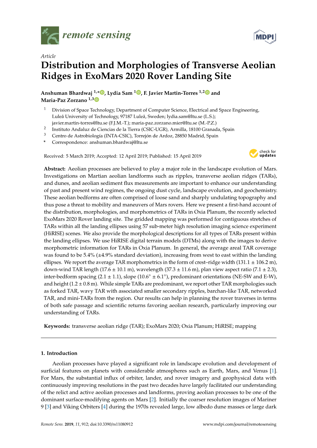 Distribution and Morphologies of Transverse Aeolian Ridges in Exomars 2020 Rover Landing Site