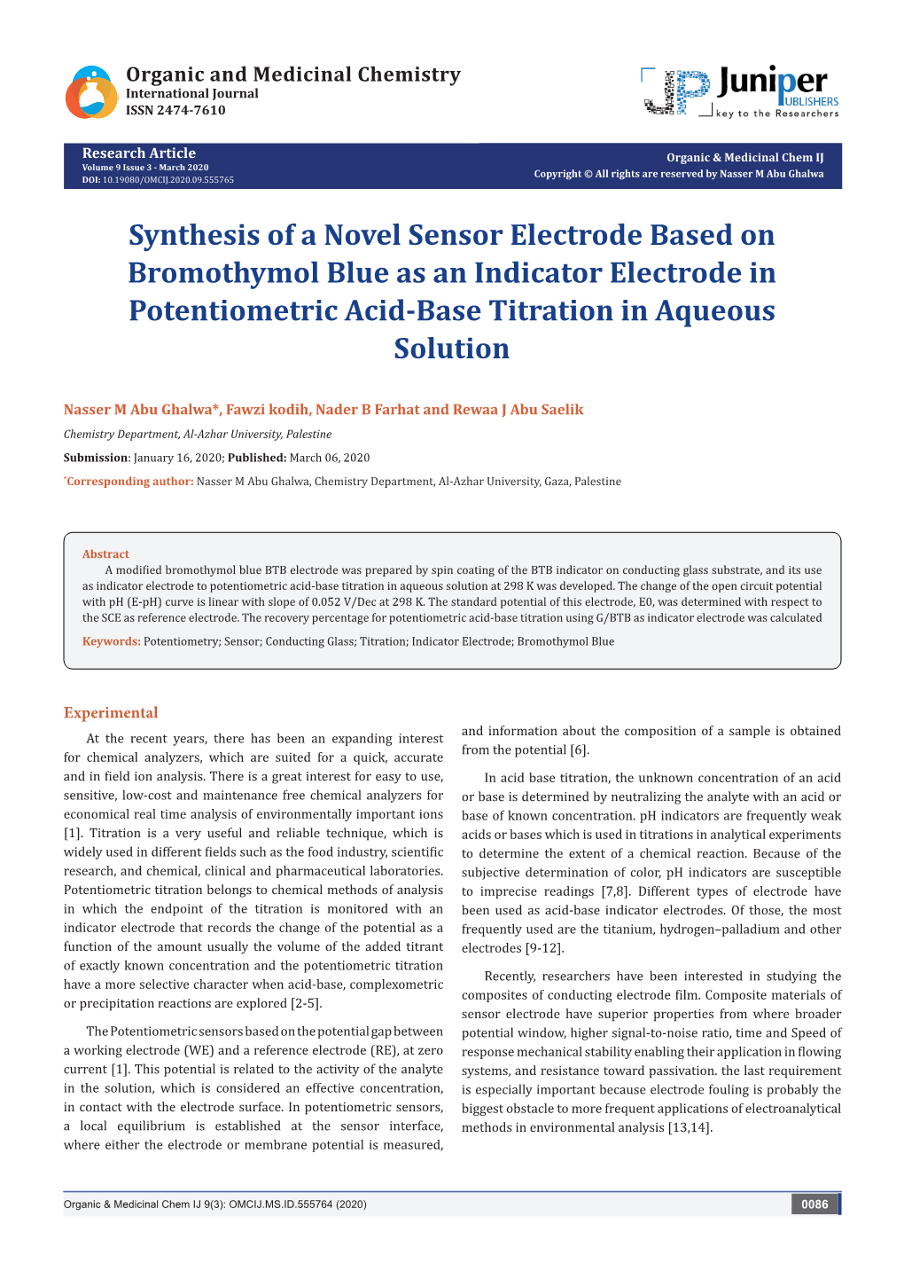 Synthesis of a Novel Sensor Electrode Based on Bromothymol Blue As an Indicator Electrode in Potentiometric Acid-Base Titration in Aqueous Solution