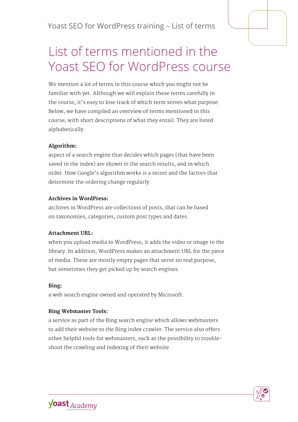 List of Terms Mentioned in the Yoast SEO for Wordpress Course