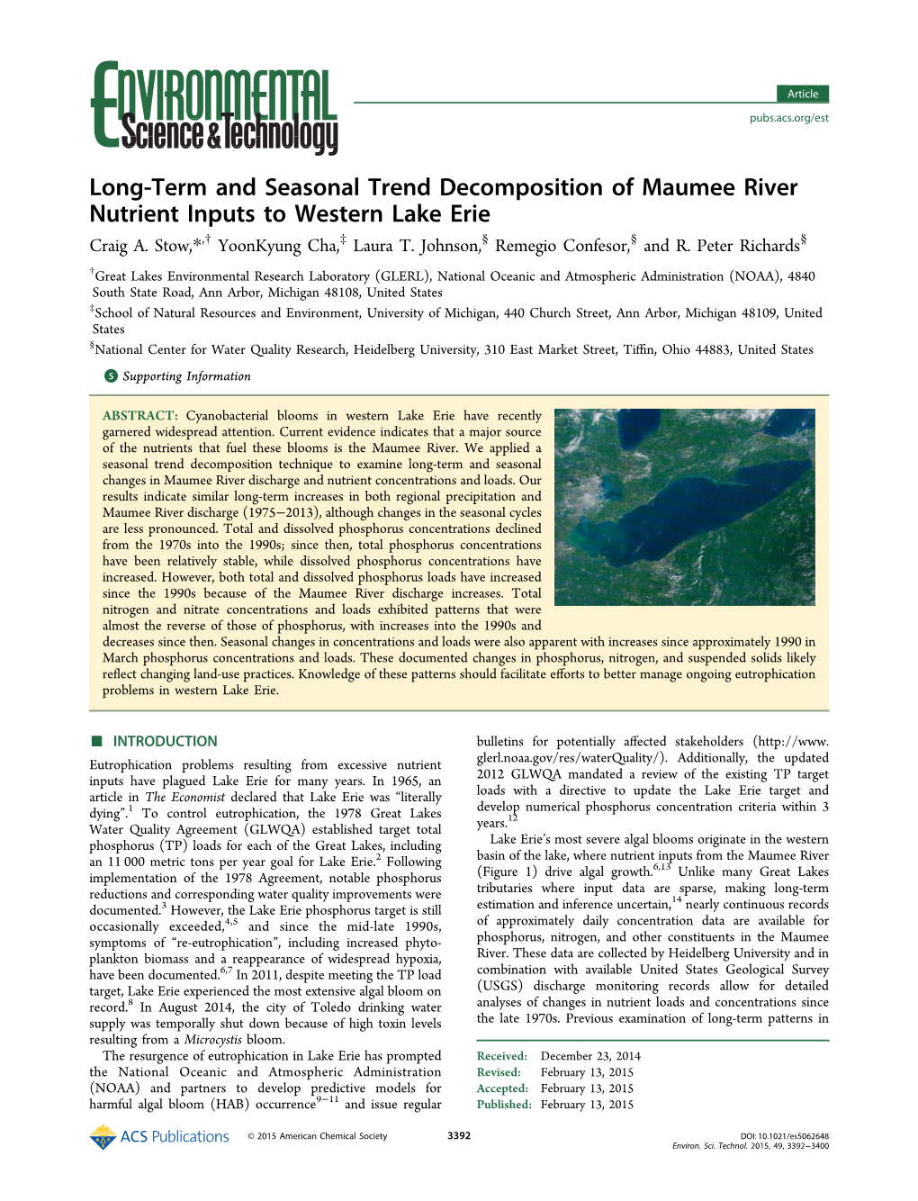 Long-Term and Seasonal Trend Decomposition of Maumee River Nutrient Inputs to Western Lake Erie † ‡ § § § Craig A