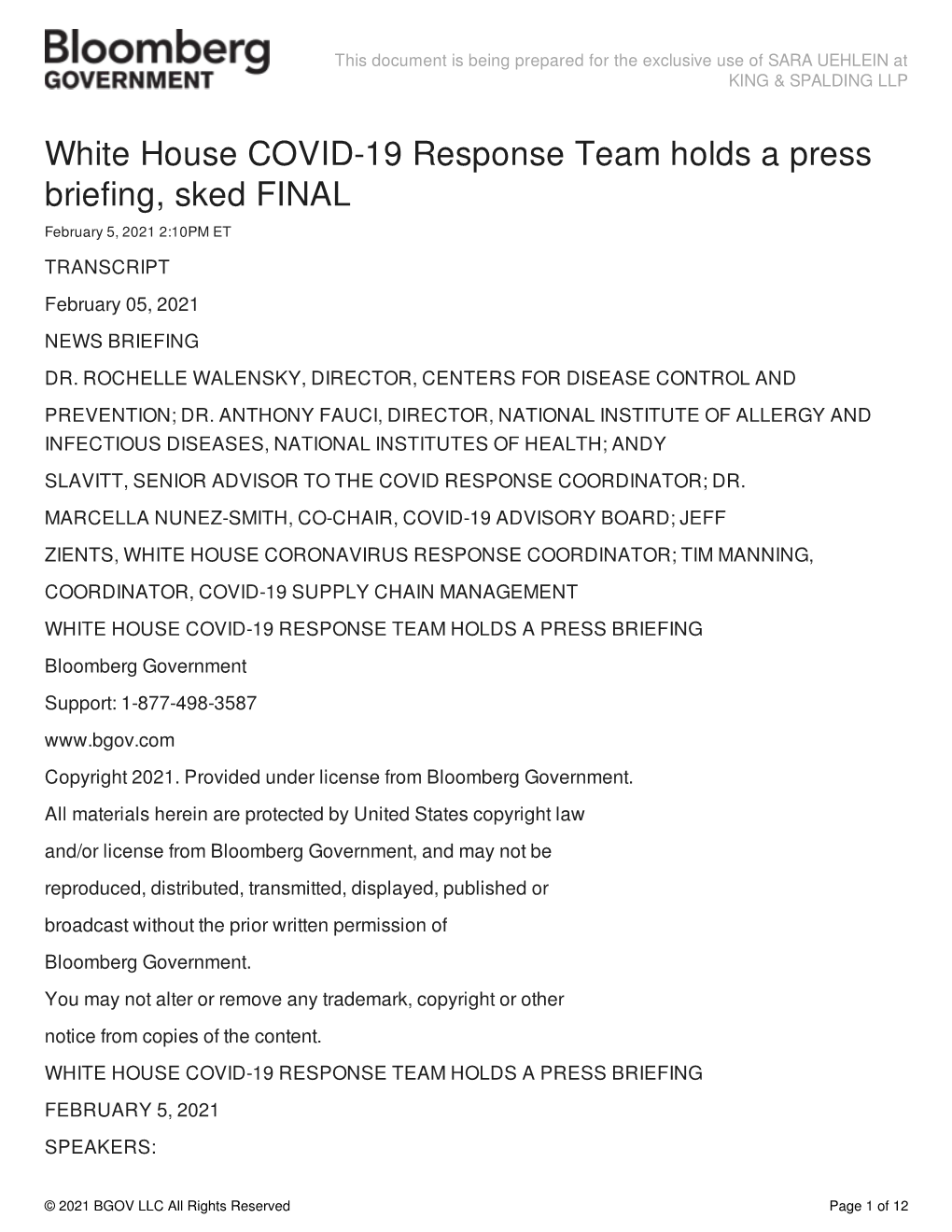 White House COVID-19 Response Team Holds a Press Briefing, Sked FINAL February 5, 2021 2:10PM ET