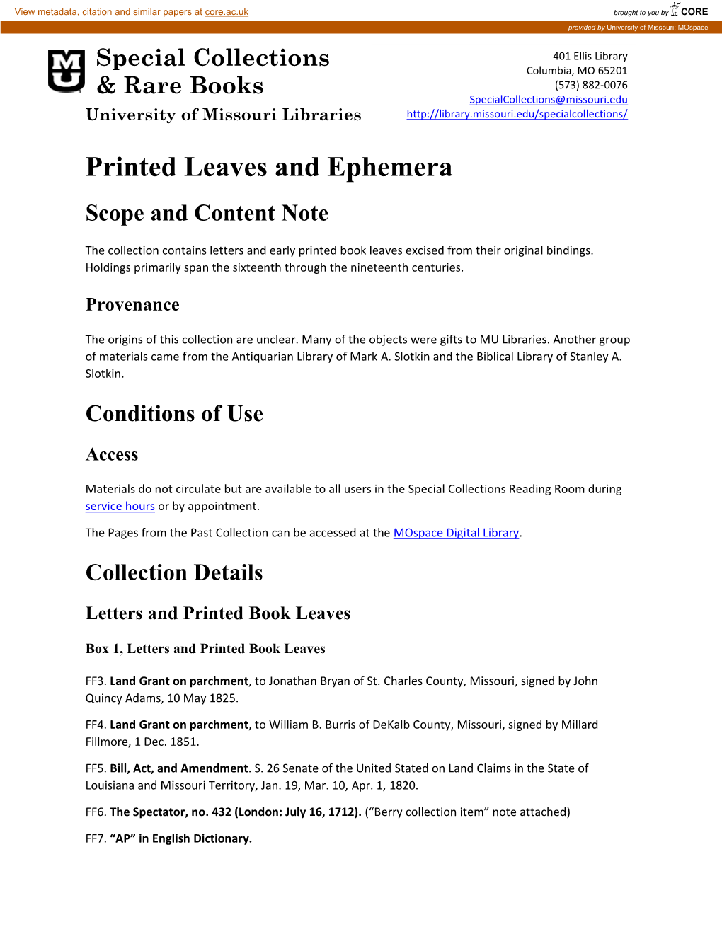 Printed Leaves and Ephemera Scope and Content Note