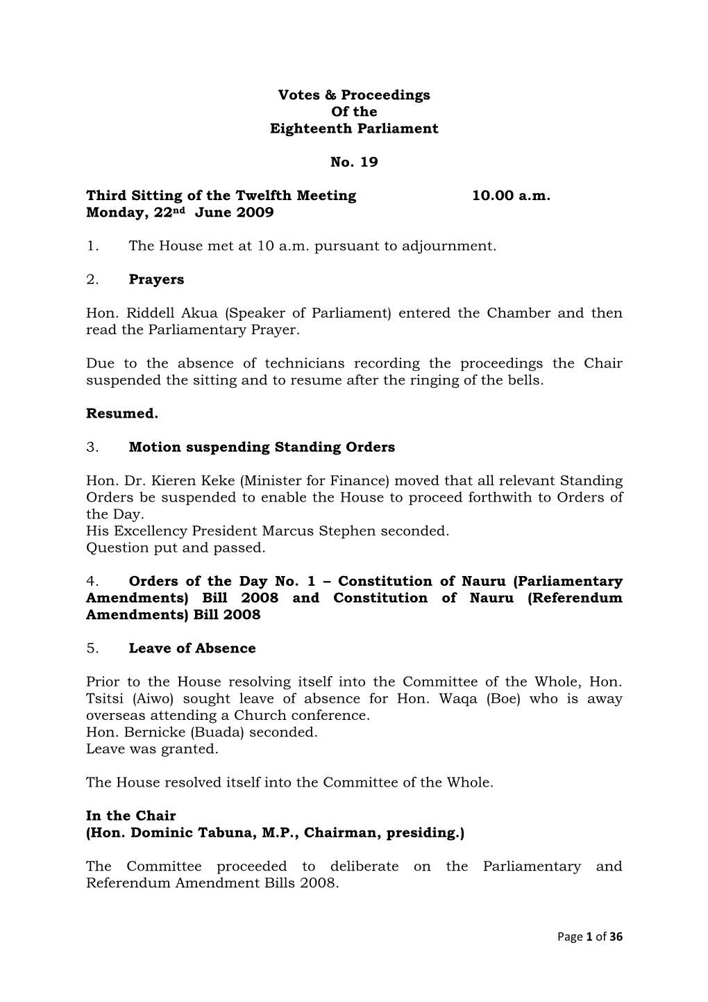 Votes & Proceedings of the Eighteenth Parliament No. 19 Third