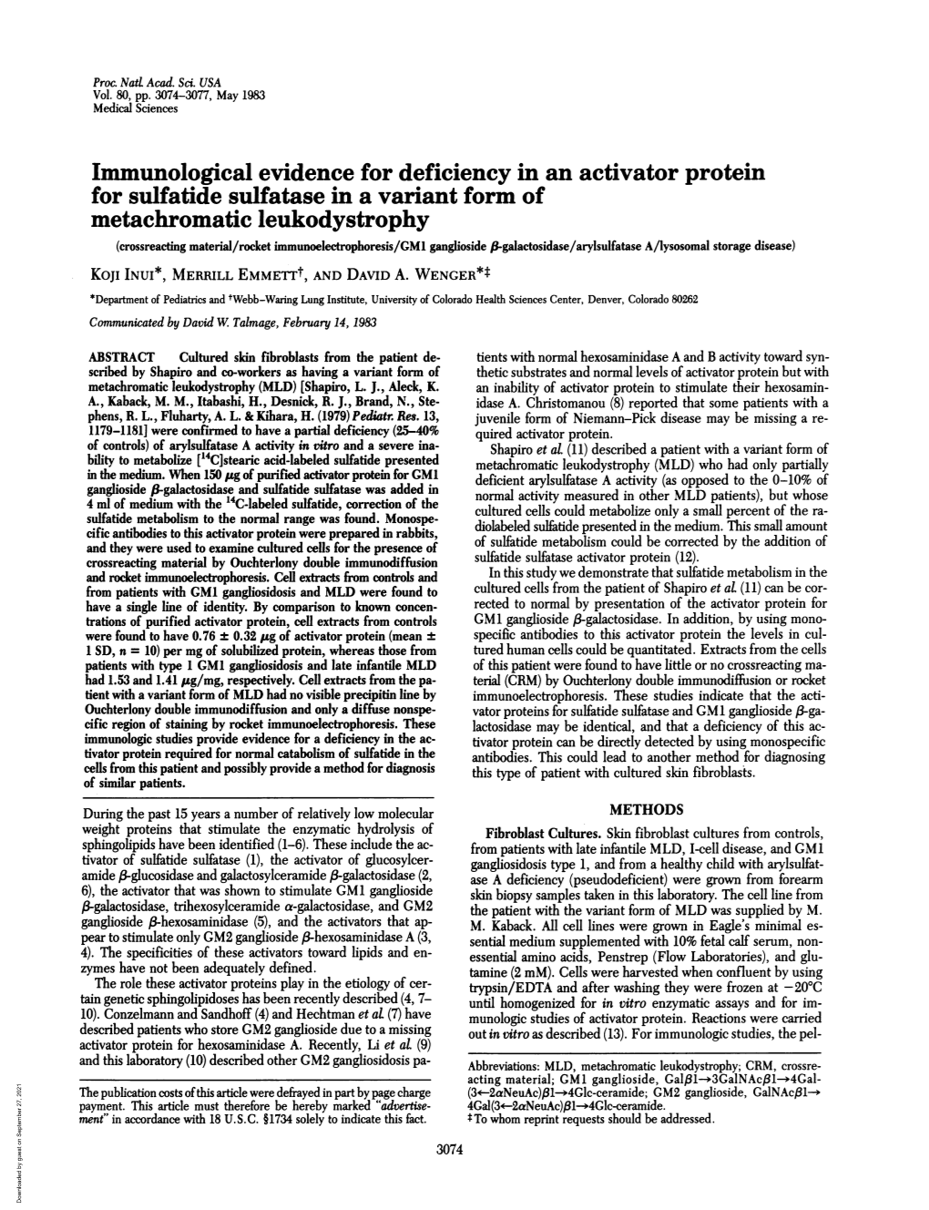 Immunological Evidence for Deficiency in an Activator Protein for Sulfatide