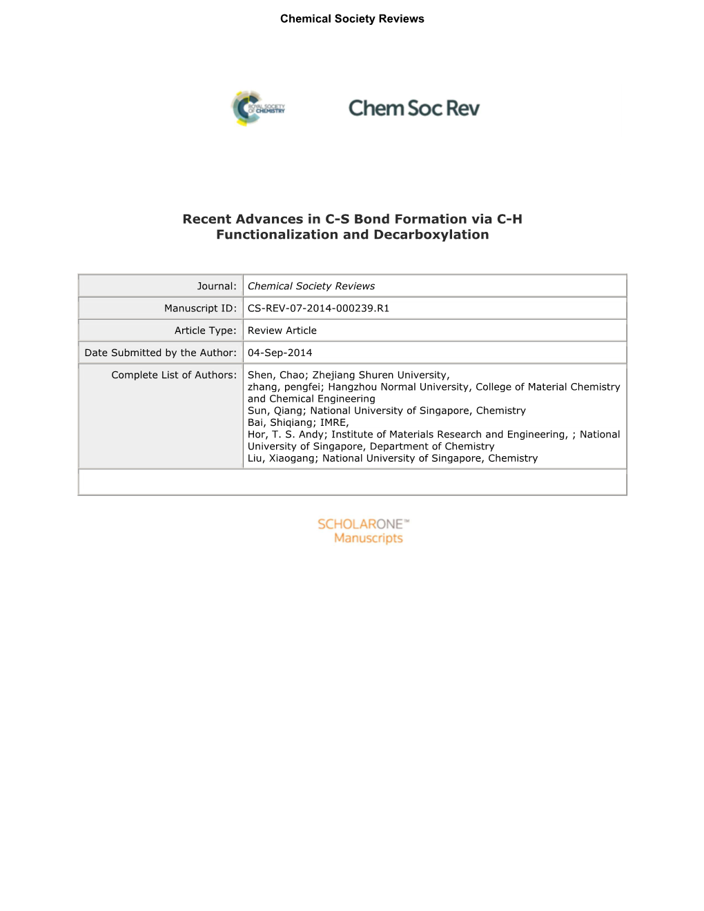 Recent Advances in C-S Bond Formation Via C-H Functionalization and Decarboxylation