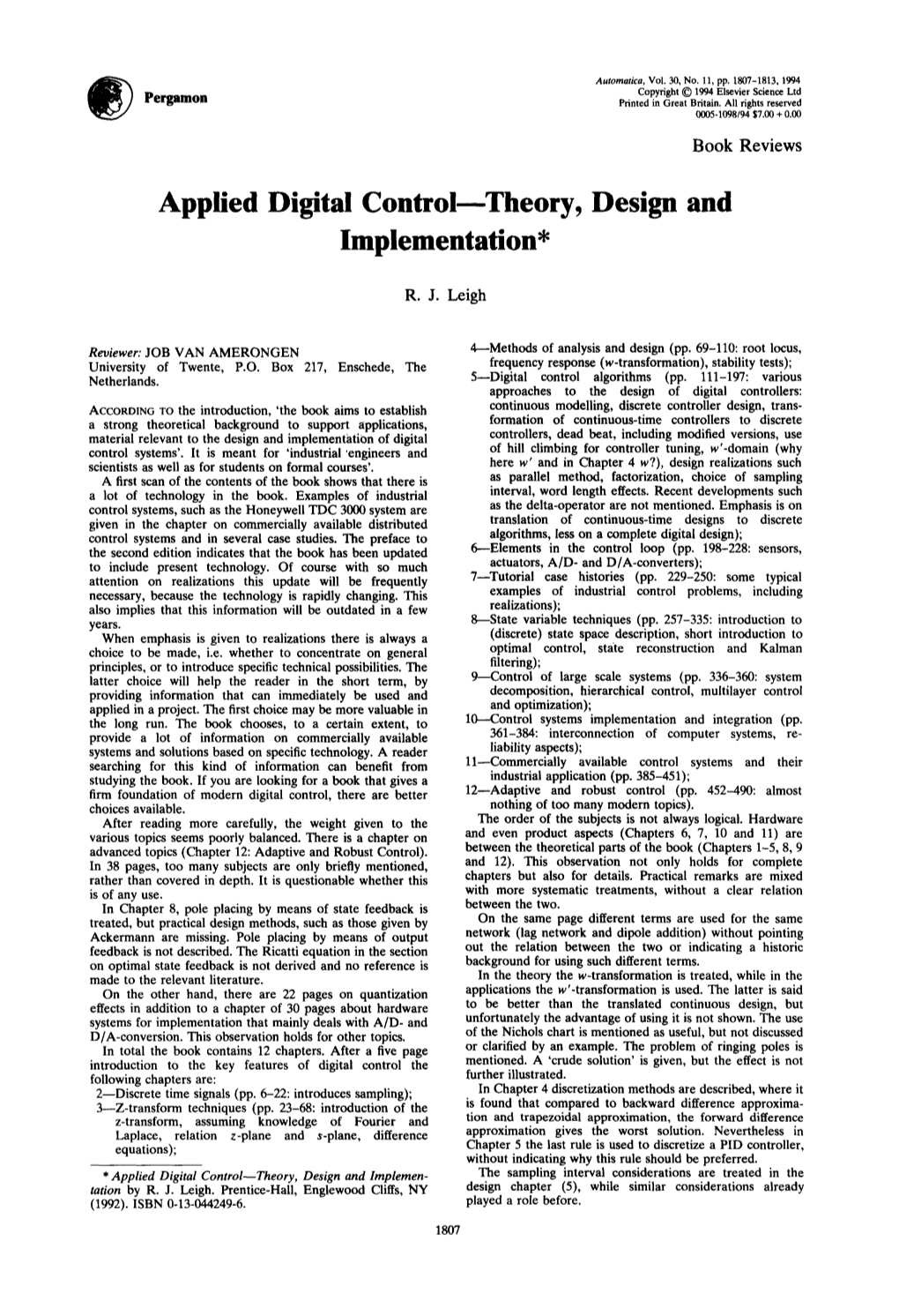 Applied Digital Control--Theory, Design and Implementation*