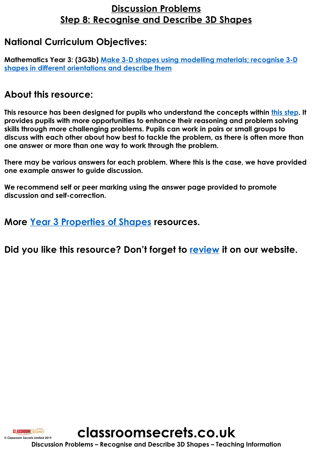 Year 3 Recognise and Describe 3D Shapes Discussion Problems