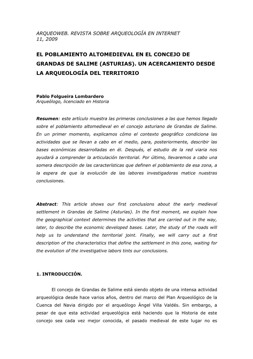 El Poblamiento Altomedieval En El Concejo De Grandas De Salime (Asturias)