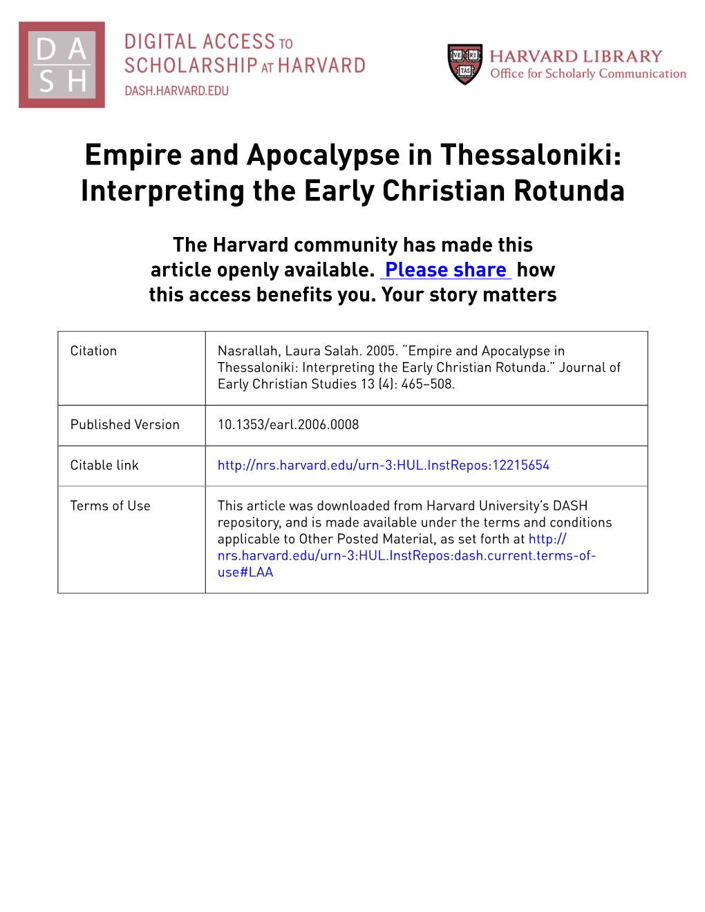 Empire and Apocalypse in Thessaloniki: Interpreting the Early Christian Rotunda