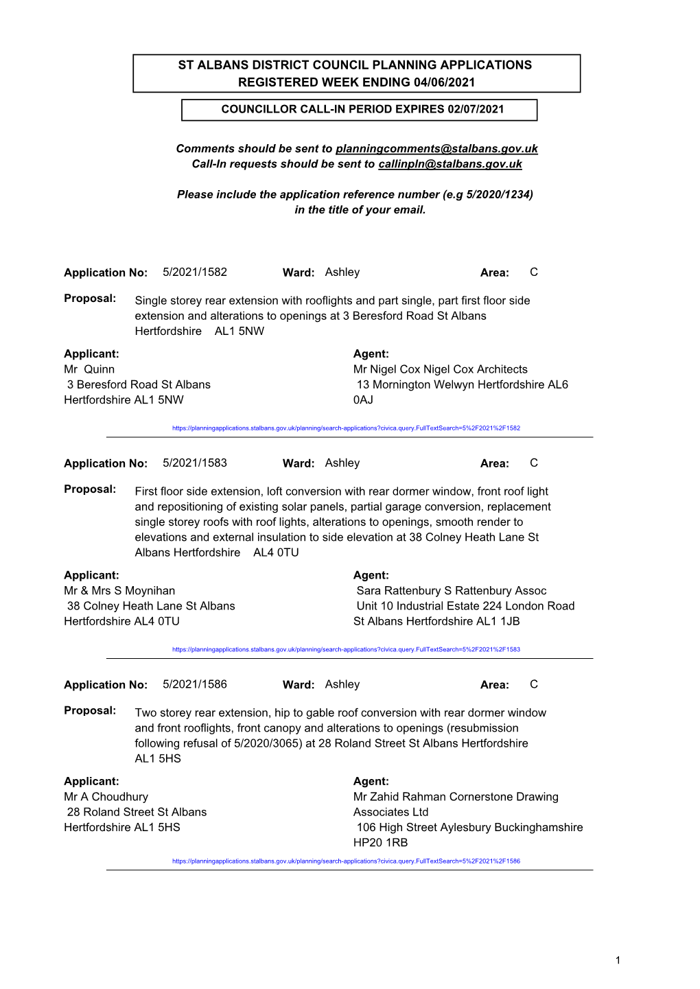 St Albans District Council Planning Applications Registered Week Ending 04/06/2021