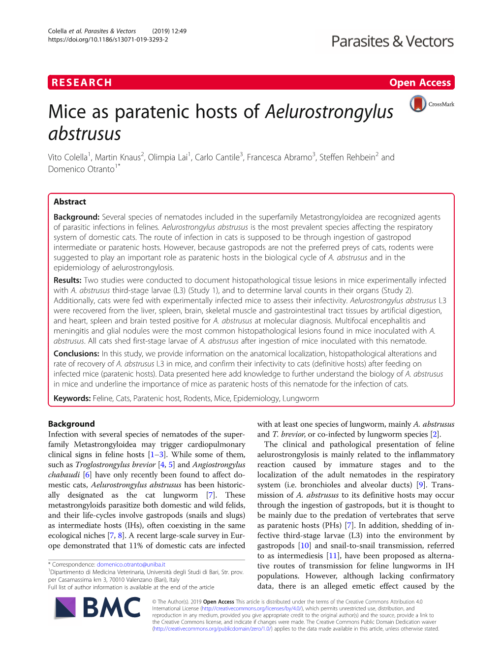 Mice As Paratenic Hosts of Aelurostrongylus Abstrusus