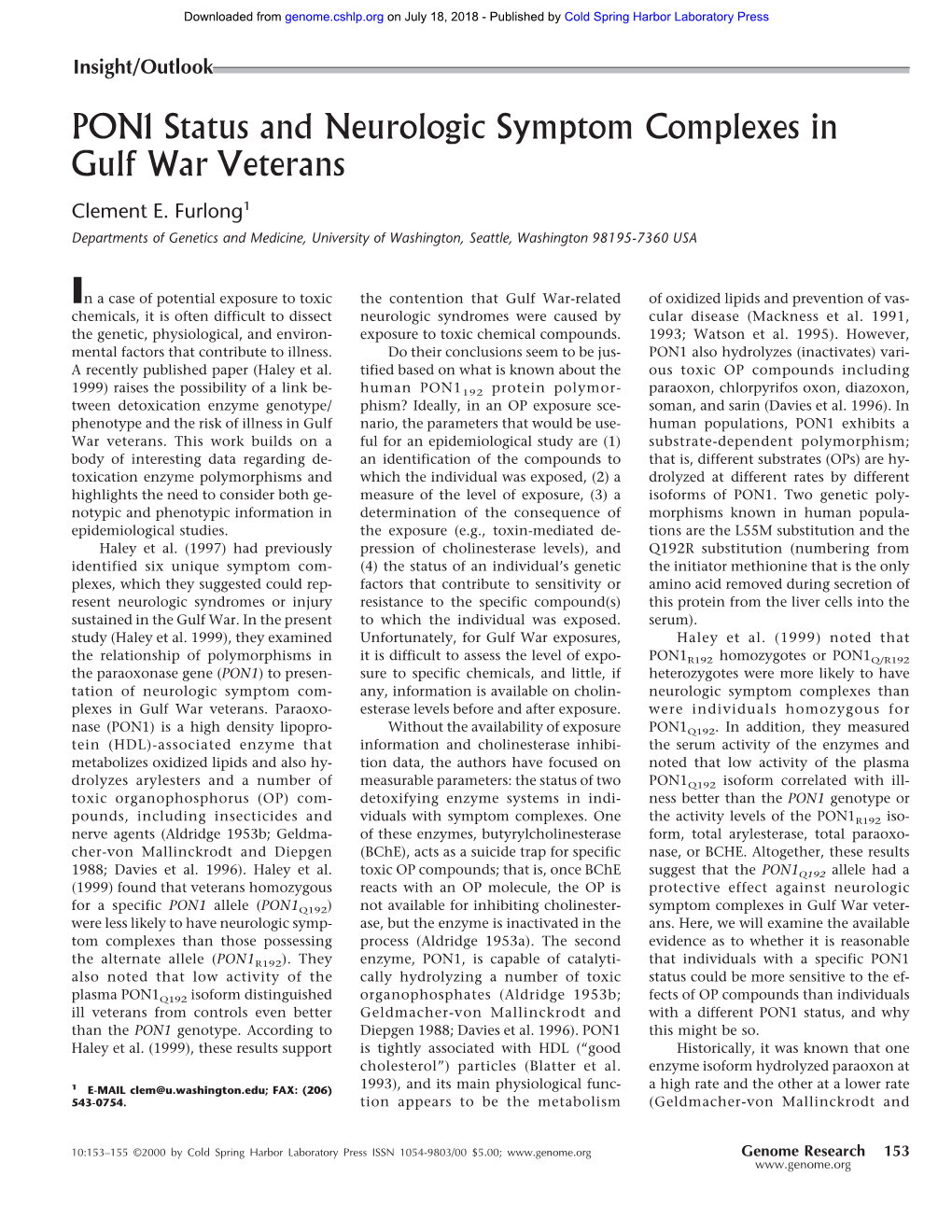 PON1 Status and Neurologic Symptom Complexes in Gulf War Veterans