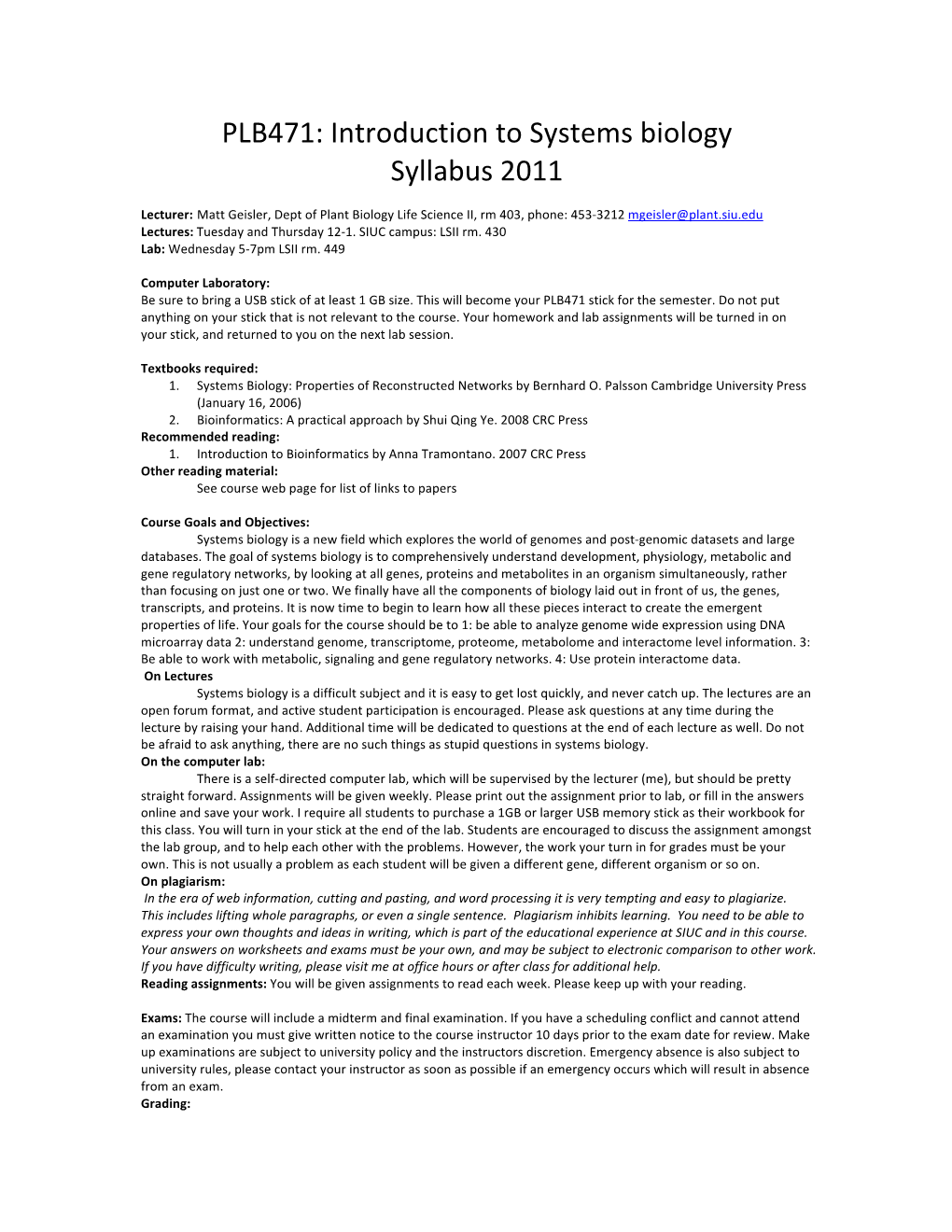 PLB471: Introduction to Systems Biology Syllabus 2011