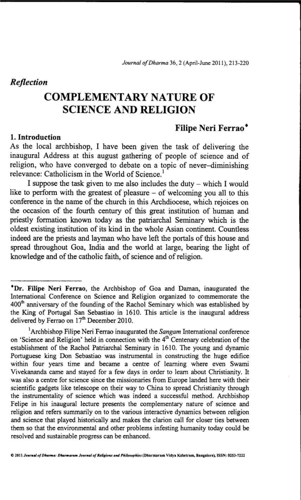 Complementary Nature of Science and Religion