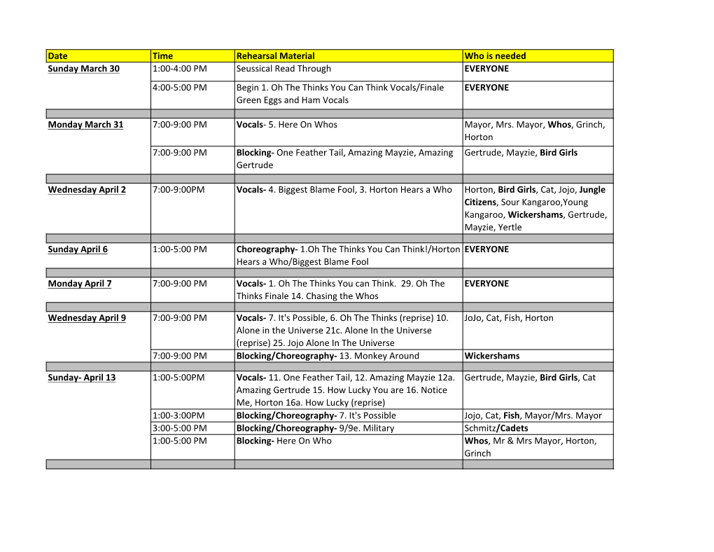 Seussical Rehearsal Schedule