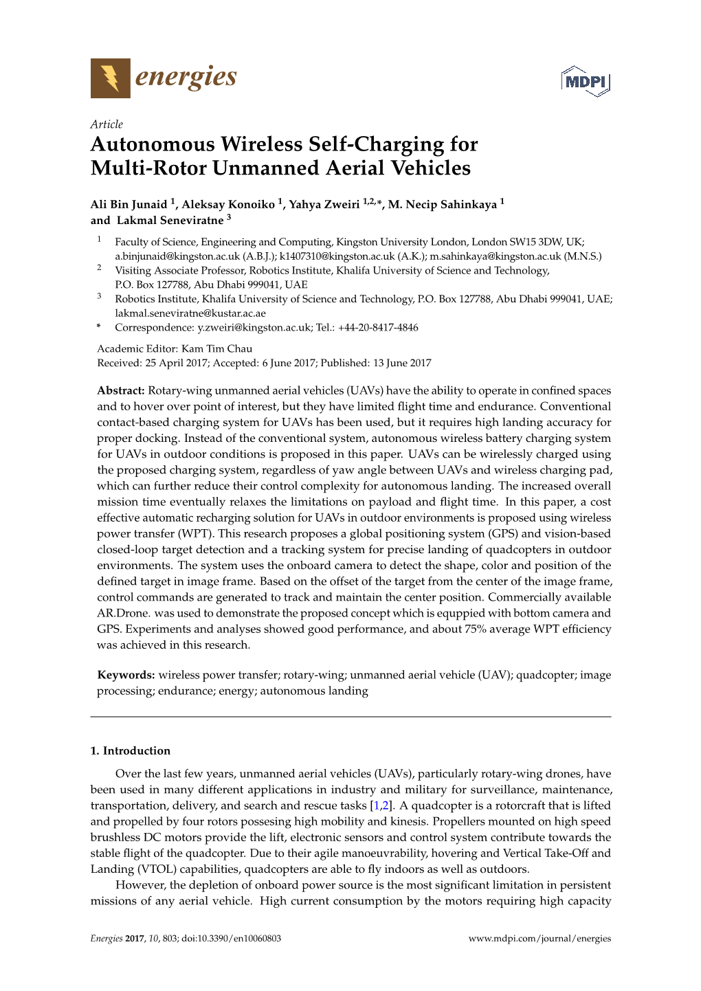 Autonomous Wireless Self-Charging for Multi-Rotor Unmanned Aerial Vehicles