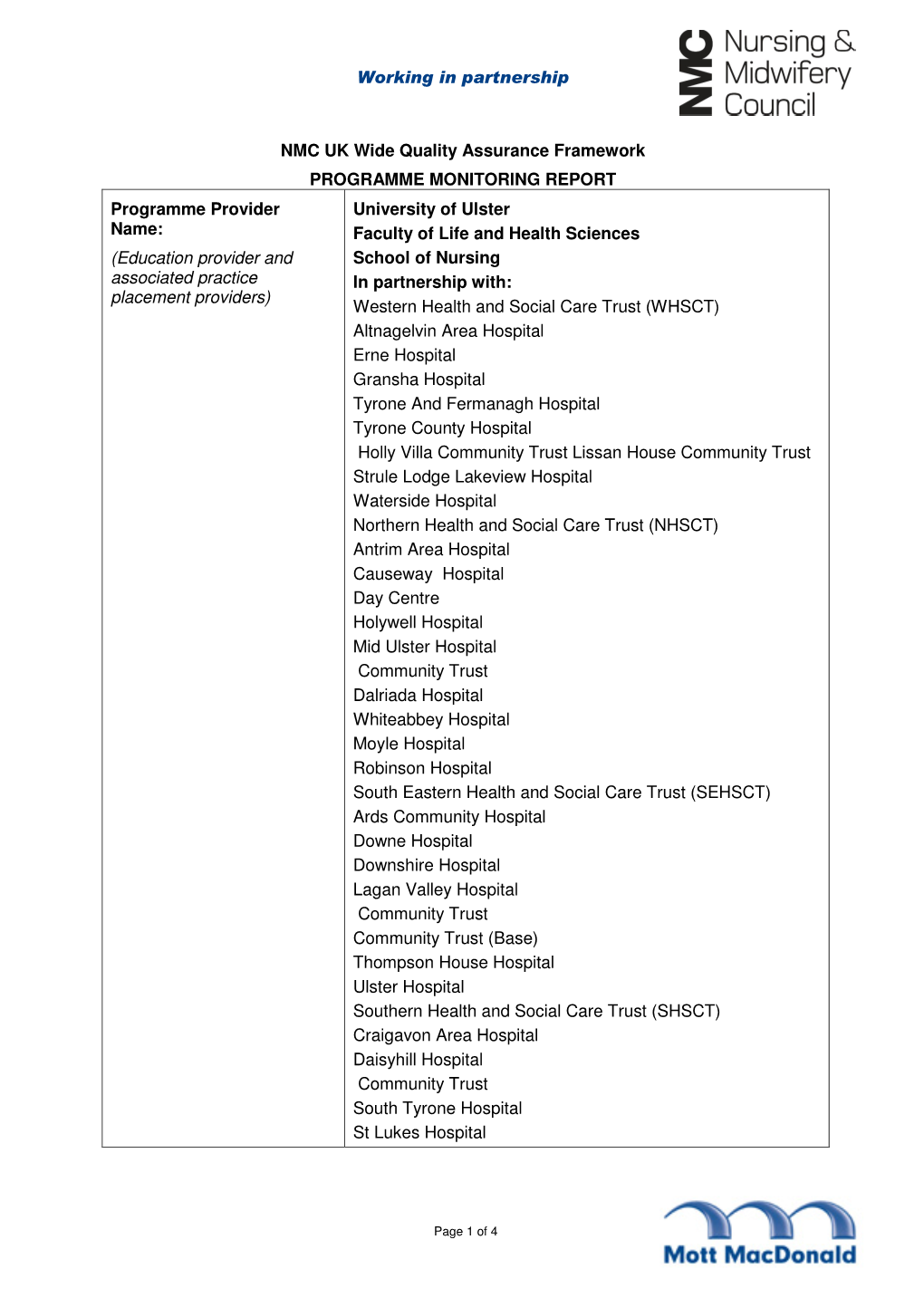 Working in Partnership NMC UK Wide Quality Assurance Framework