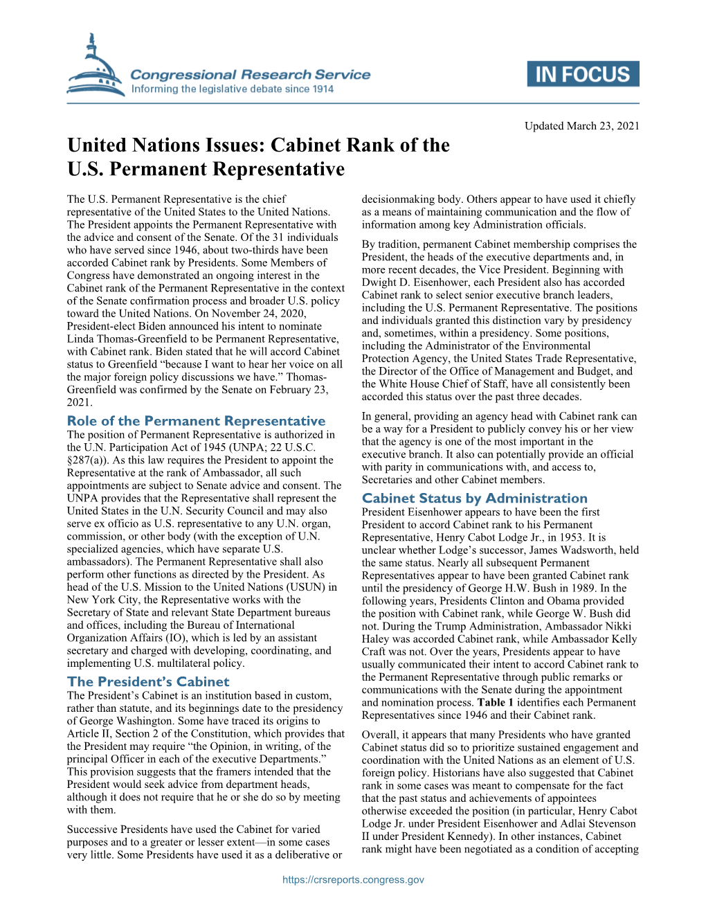 United Nations Issues: Cabinet Rank of the U.S. Permanent Representative