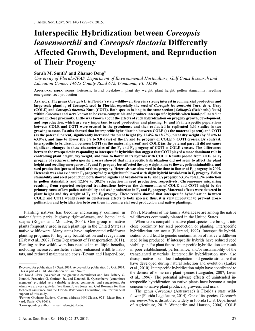 Interspecific Hybridization Between Coreopsis Leavenworthii And