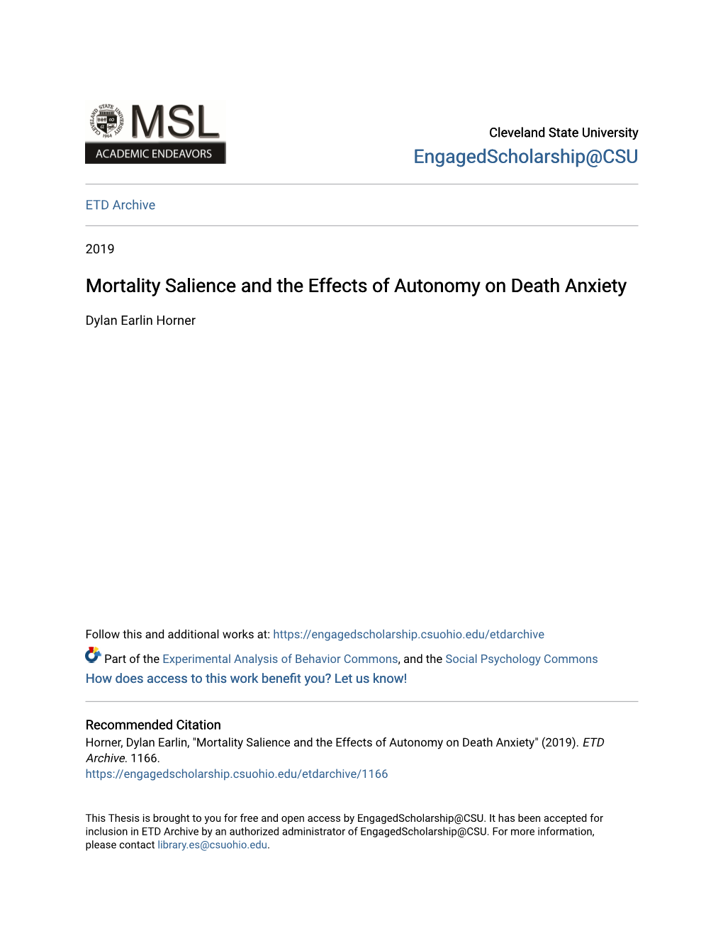 Mortality Salience and the Effects of Autonomy on Death Anxiety