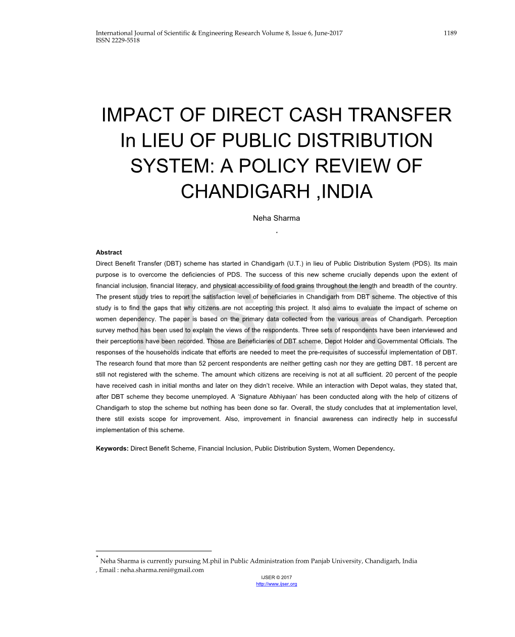 IMPACT of DIRECT CASH TRANSFER in LIEU of PUBLIC DISTRIBUTION SYSTEM: a POLICY REVIEW of CHANDIGARH ,INDIA