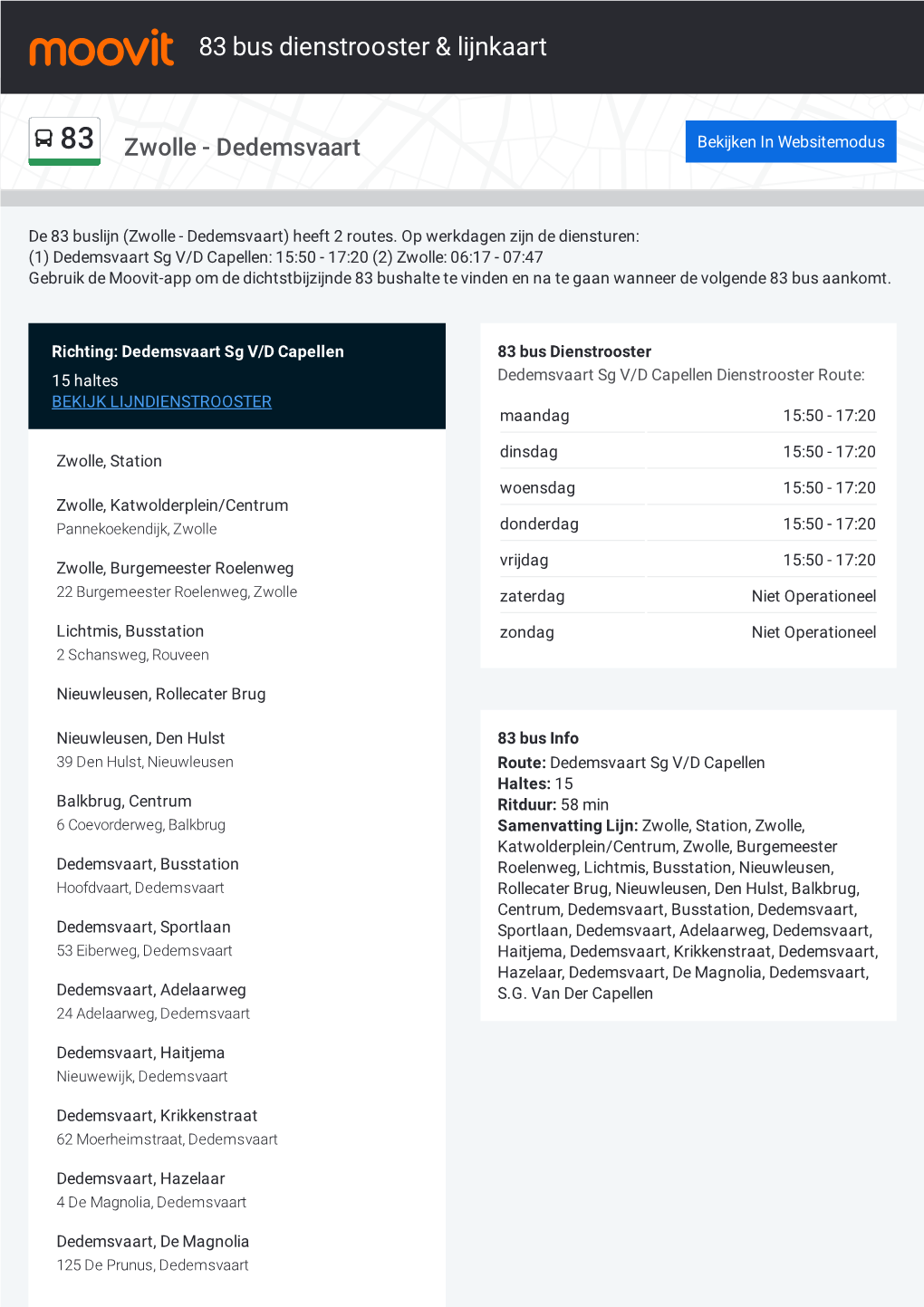 83 Bus Dienstrooster & Lijnroutekaart