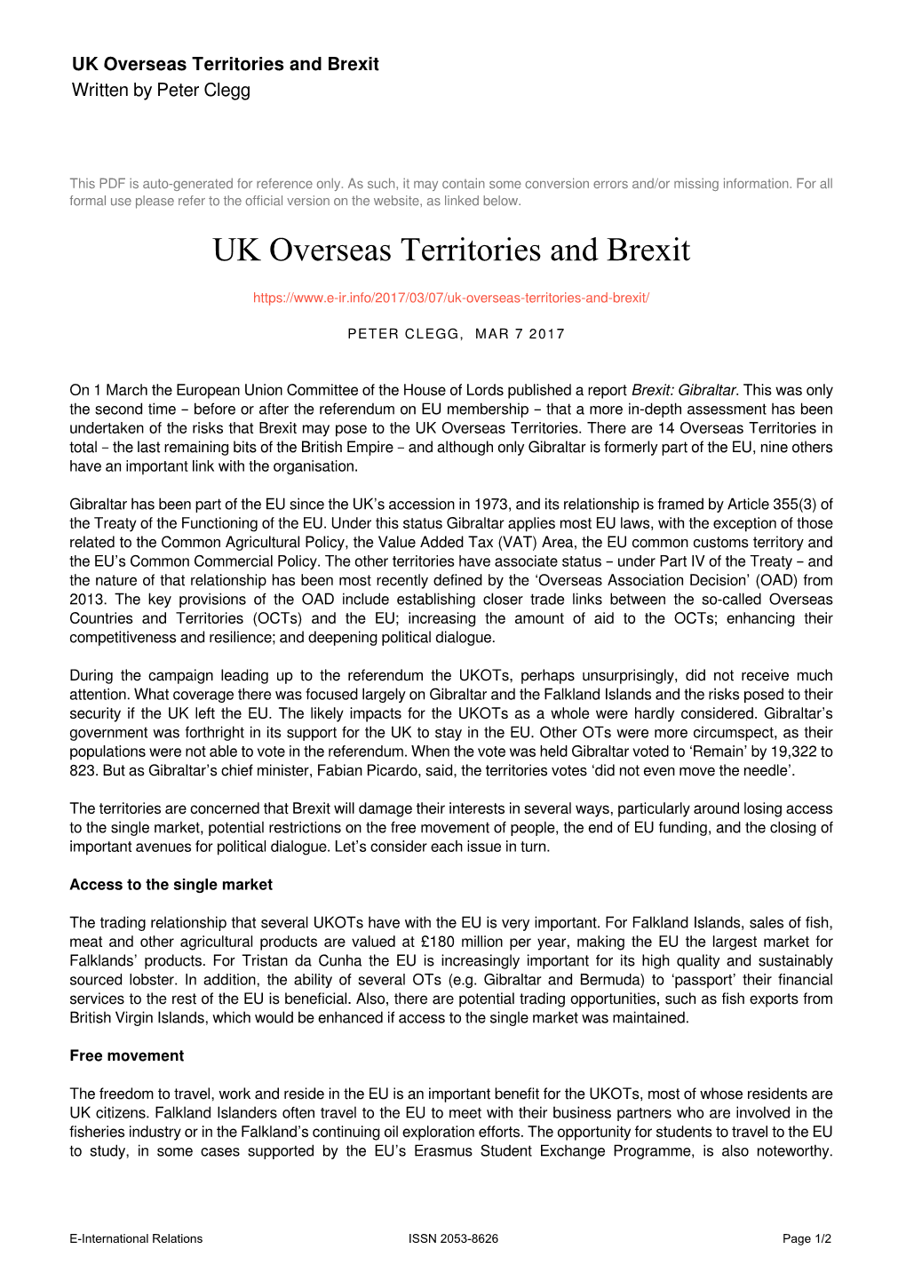 UK Overseas Territories and Brexit Written by Peter Clegg