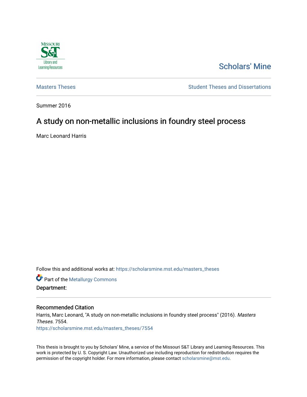 A Study on Non-Metallic Inclusions in Foundry Steel Process