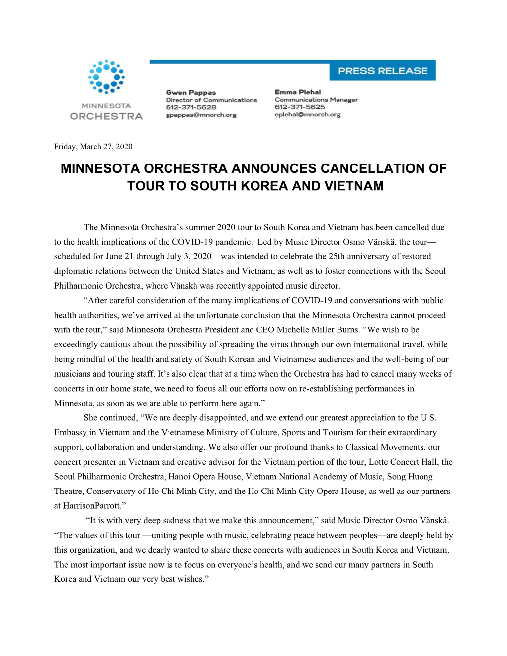 Minnesota Orchestra Announces Cancellation of Tour to South Korea and Vietnam