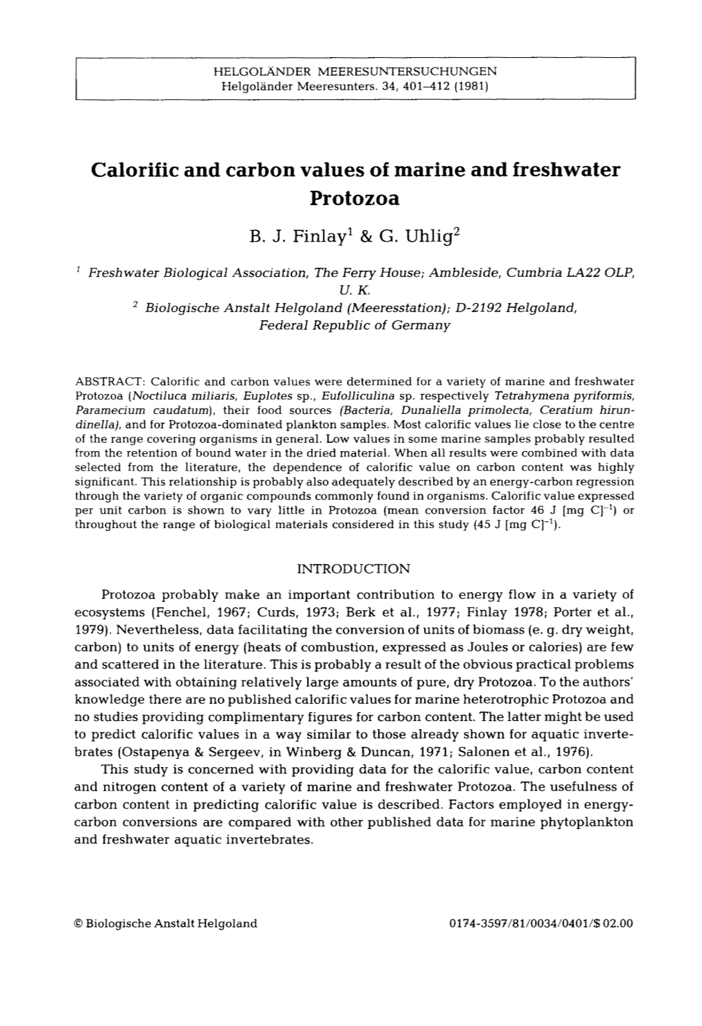 Calorific and Carbon Values of Marine and Freshwater Protozoa