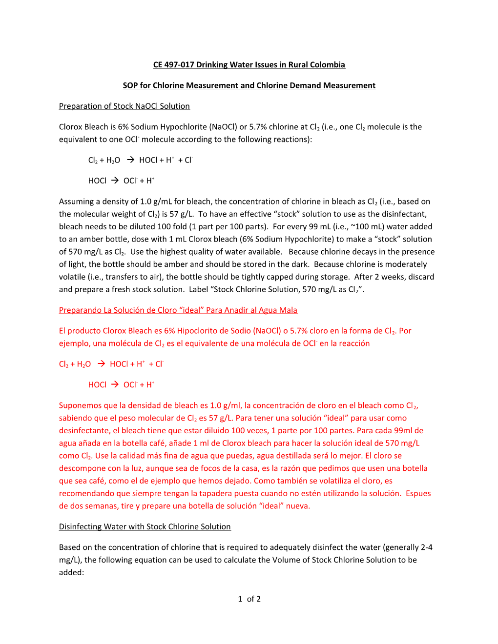 CE 497-017 Drinking Water Issues in Rural Colombia