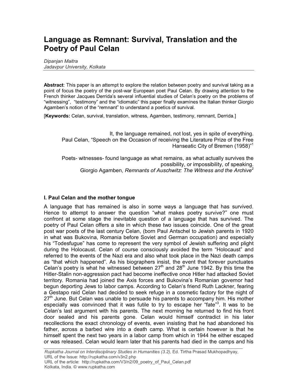 Survival, Translation and the Poetry of Paul Celan